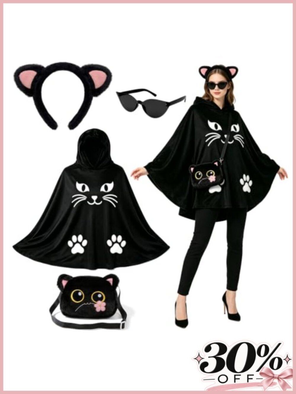Black Cat Costume Set for Women - 4 Piece Halloween Poncho with Ears,